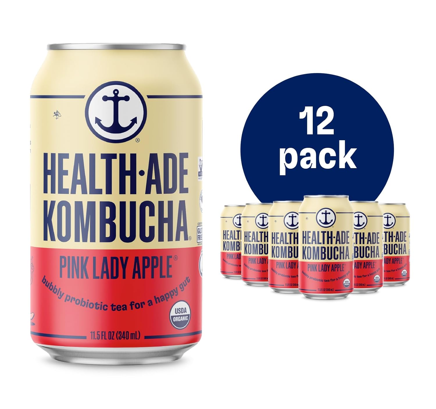 Health-Ade Canned Kombucha Tea Organic Drink, Fermented Tea with Living Probiotics, Detoxifying Acids, Supports Gut Health, Non-GMO, Vegan, Gluten Free, 12 Pack (11.5 Fl Oz Cans), Pink Lady Apple® in Cans