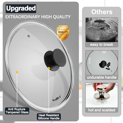 Walfos Tempered Glass Lid for 10.5 Inch Cookware - Cooking Pot Lid with Heat Resistant Silicone Handle, Clear Frying Pan Lid Fits Pots, Pans and Skillets, Dishwasher-Safe