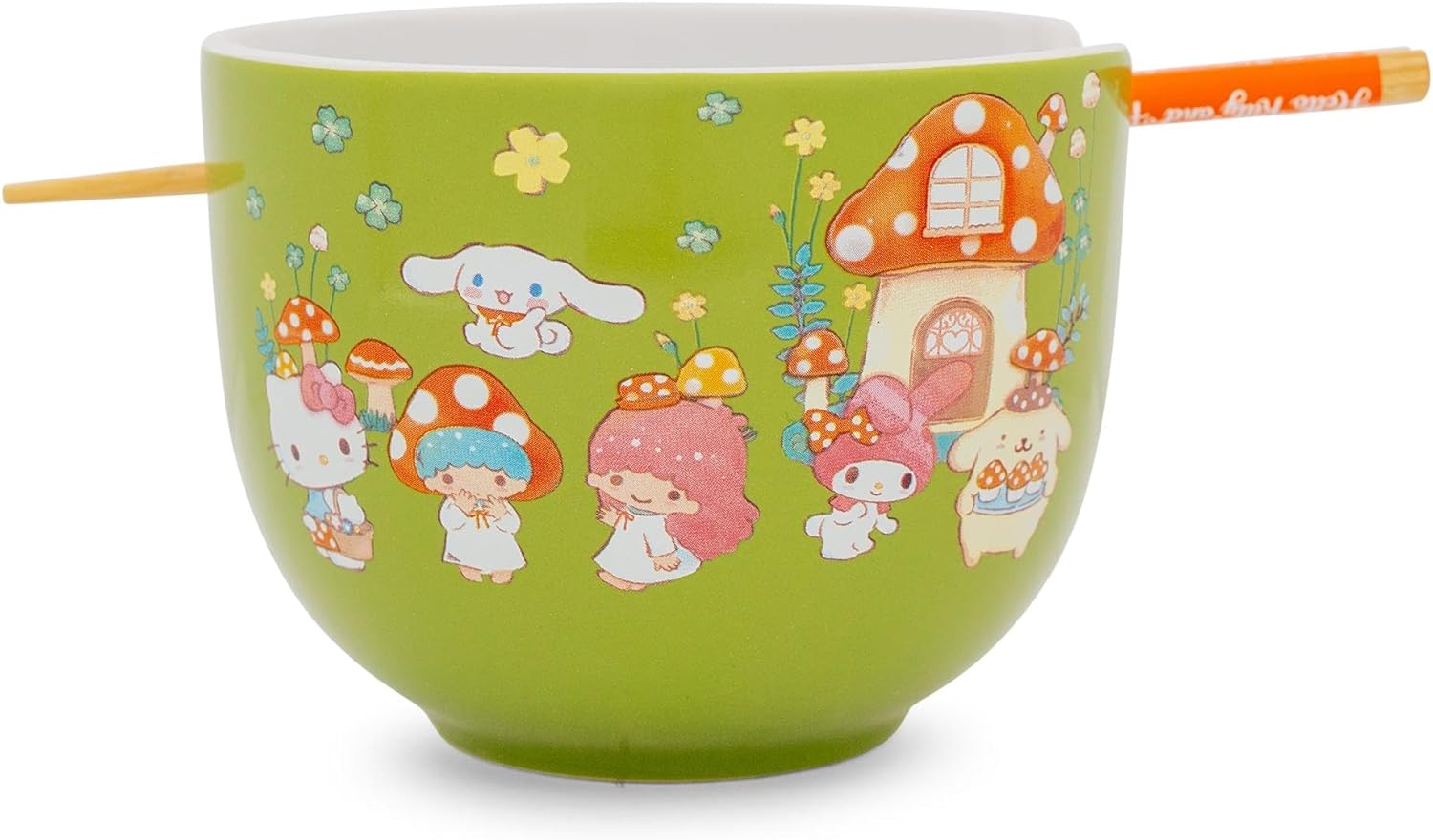 Sanrio Hello Kitty and Friends Mushroom Crew Ceramic Dinnerware Set | Includes 20-Ounce Ramen Noodle Bowl and Wooden Chopsticks | Asian Food Dish Set For Home & Kitchen