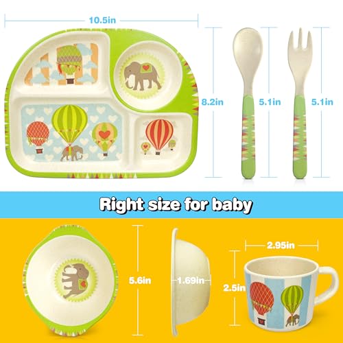 5 Pcs Bamboo Kid Plate and Bowl Set, Unbreakable Plastic Toddler Feeding Set Children Dinnerware Set Include Divided Plate, Bowl, Cup, Spoon, Fork, Durable Cartoon Tableware (Orange Elephant)