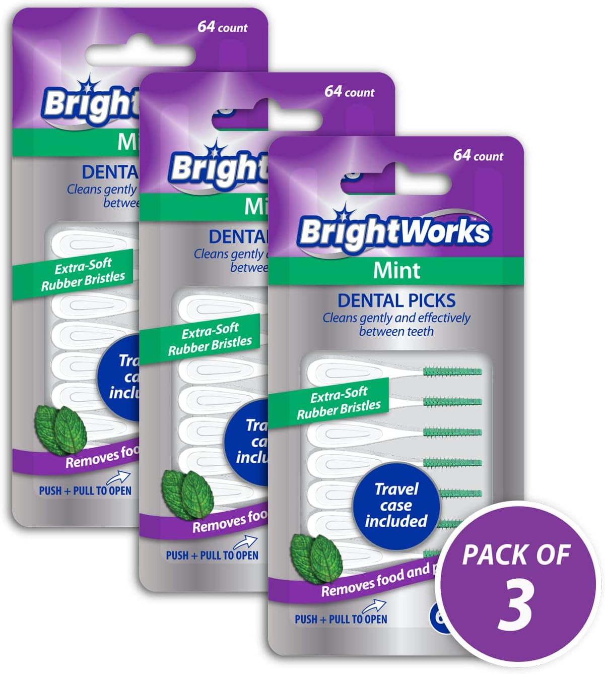 BrightWorks Mint Dental Picks, with Extra Soft Rubber Bristles and Flexible Tip, Clean Gently and Effectively Between Teeth, Travel Case Included, 3 Packs (64 Per Pack) [192 Total Picks]