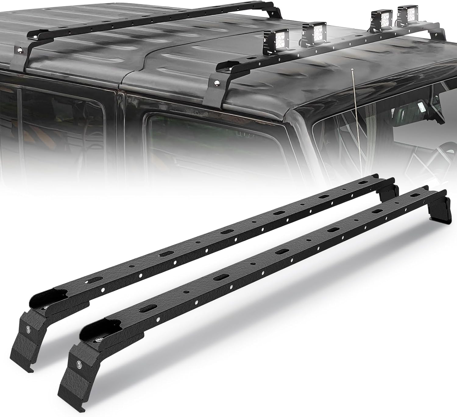 300 LBS Roof Rack Cross Bars with 4 Pcs LED Lights Bar Compatible for 2007-2024 Jeep Wrangler JK JKU JL JLU Unlimited & Gladiator JT Hardtop, Roof Rail Crossbars Cargo Carrier Rooftop Luggage