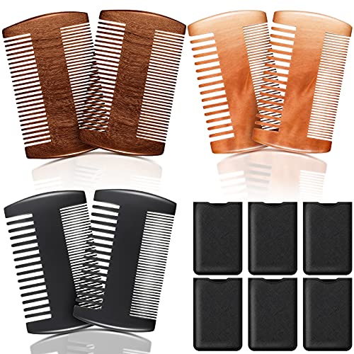 6 Pieces Beard Comb Natural Sandalwood Wooden Moustaches Combs Dual Action Teeth Beard Comb with 6 Pieces Pocket Faux Leather Case for Beards Moustaches (Yellow, Black, Reddish Brown)