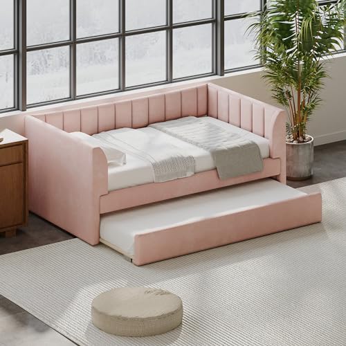 Twin Size Daybed with Trundle for Kids, Upholstered Velvet Twin Daybed Sofa Bed Frame for Bedroom/Living Room, No Box-Spring Needed, Green