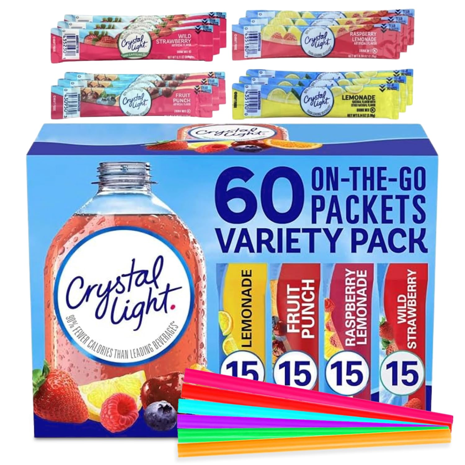 Crystal Light Packets 60 Count – Sugar Free Drink Mix Variety Pack Includes Lemonade, Fruit Punch, Raspberry Lemonade, Wild Strawberry – Easy Mix Drink Mix Packets Water Flavoring