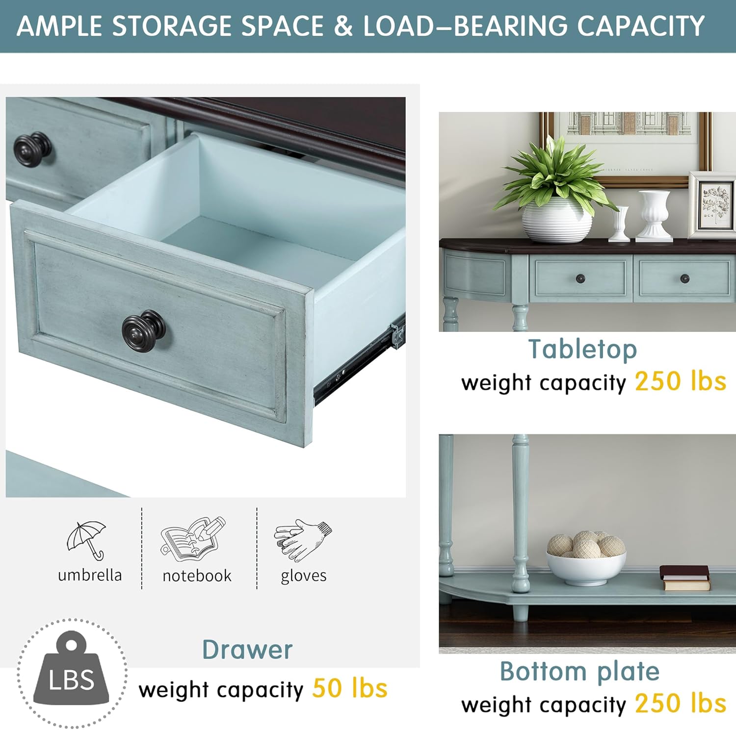 Retro Circular Curved Design Console Table with Open Style Shelf Solid Wooden Frame and Legs Two Top Drawers (Cherry + Antique Blue, OLD SKU: WF298768AAC)