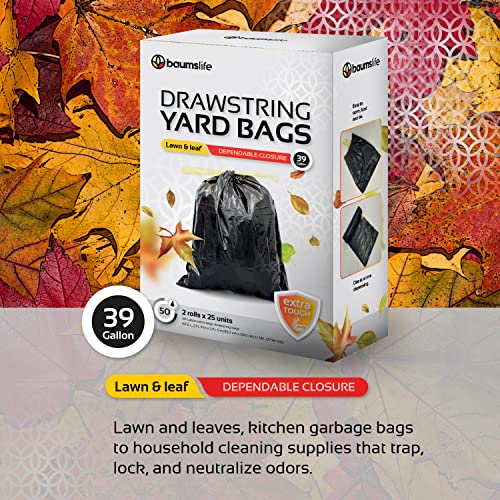 Tall, large and strong 39 gallons garbage bags. Drawstring Closure bag. Kitchen, yard, lawn & leaf, house and garage garbage. 50 Count. Bolsas de basura