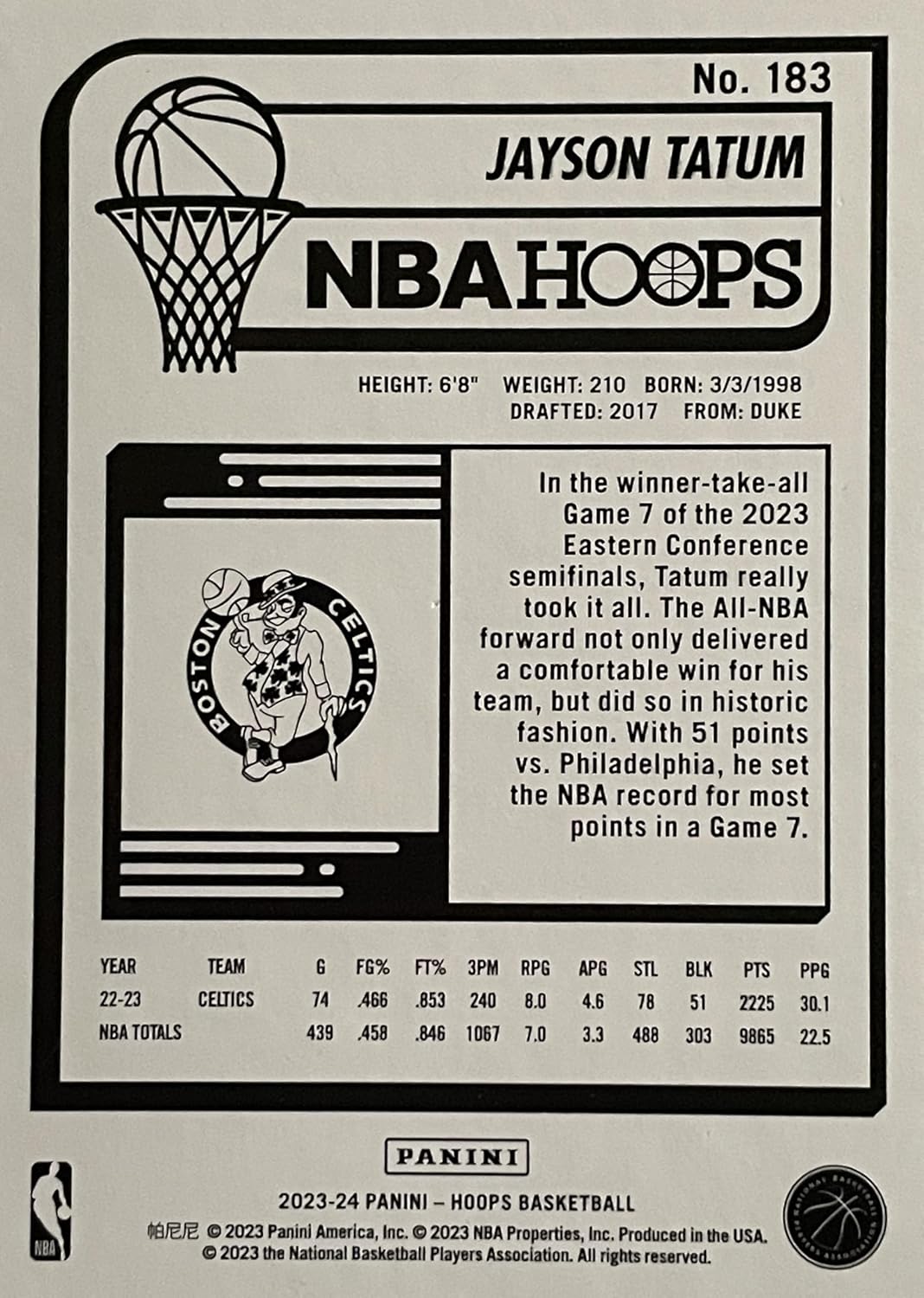 2023-24 Panini NBA Hoops Basketball JAYSON TATUM Basketball Card - Boston Celtics