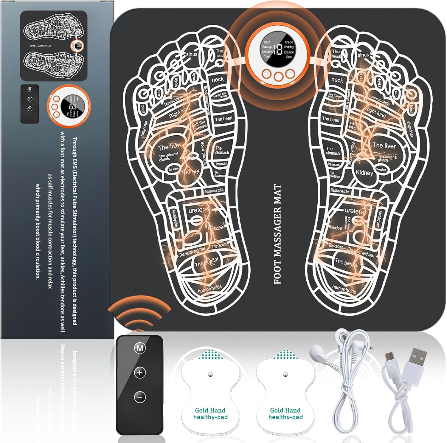 EMS Foot Massager Mat–Foot Massager Pad, Muscle Relaxation, Foldable Feet Foot Massager for Pain Plantar Relief, Portable & Rechargeable Feet Massager Pad with 8 Modes and 19 Intensity Levels