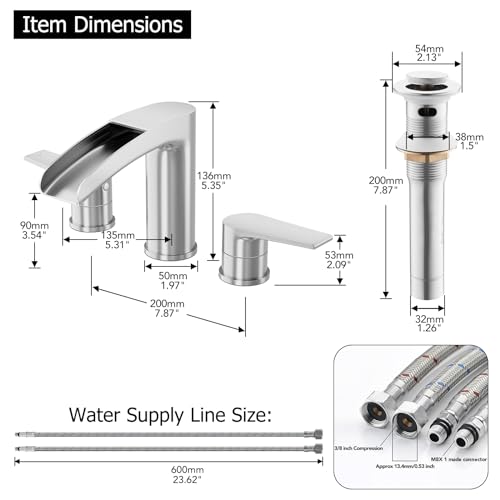 Phiestina Waterfall Brushed Nickel Bathroom Faucet, Widespread 3 Hole 8 Inch Vanity Sink Faucet, with Pop Up Drain and Water Supply Line, NS-WF005-BN