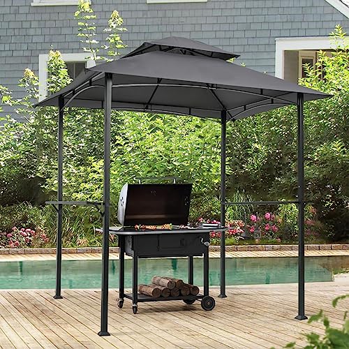 8 x 5 Outdoor Grill Gazebo, Double Tier Grill Canopy with Shelves and Hook, UV Resistant and Waterproof Fabric BBQ Gazebo for Barbecue and Picnic, Gray