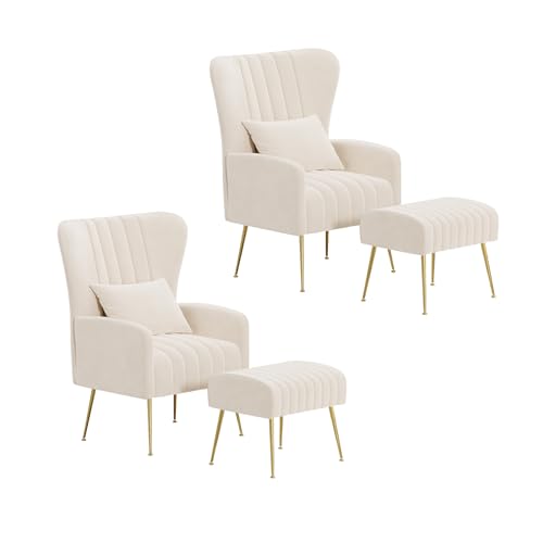 Velvet Accent Chairs with Ottoman Set of 2, Wingback Chair and Ottoman Set, Comfy Reading Armchair Club Coffee Chair with Gold Legs for Living Room Bedroom, Black