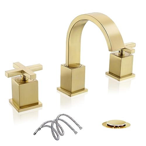 Phiestina Brushed Nickel Waterfall Bathroom Faucet, Widespread 3 Hole 8 Inch Modern Sink Faucet, with 360 Degree Swivel Spout, Pop Up Drain and Water Supply Lines, WF001-10-BN