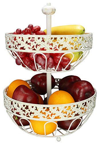 2 tier fruit basket, fruit bowl, multi-purpose kitchen and living room storage fruit and vegetable basket (White Brushed Bronze)