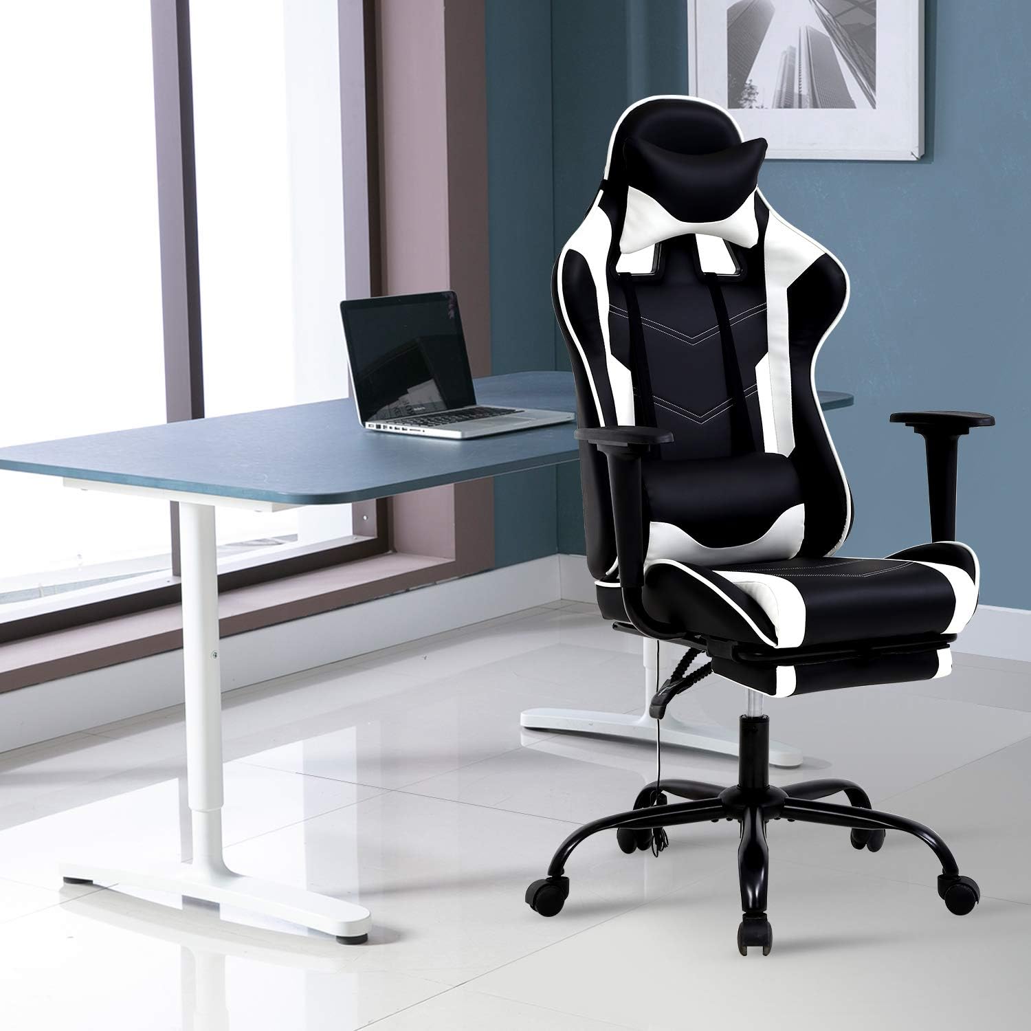 HCY High Back Gaming Chair Ergonomic Racing Style Gaming Chair with Footrest, Headrest and Lumbar Support Height Adjustable PU Leather Office Chair for Adults, White