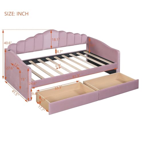 Upholstered Daybed, Twin Size Velvet Sofa Bed with 2 Drawers & USB Charging Ports for Bedroom, Wood Slat Support, No Box Spring Needed, Easy Assembly, Beige