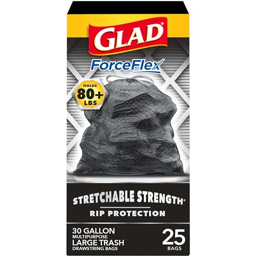 Glad Trash Bags, ForceFlexPlus Drawstring Large Garbage Bags, Heavy Duty Trash Bags - 30 Gallon Large Trash Bag, 50 Ct (Package May Vary)