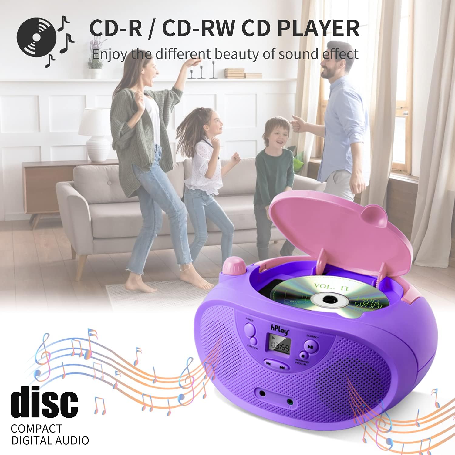 GC04 Portable CD Player Boombox with AM FM Stereo Radio Kids CD Player LCD Display, Front Aux-in Port and Headphone, Supported AC or Battery Powered- Pastel Violet