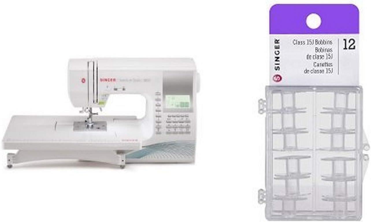 SINGER 9960 Quantum Stylist 600-Stitch Computerized Sewing Machine with Extension Table, Bonus Accessories and Hard Cover & Singer Transparent Plastic Class 15J Bobbins, Pack of 12