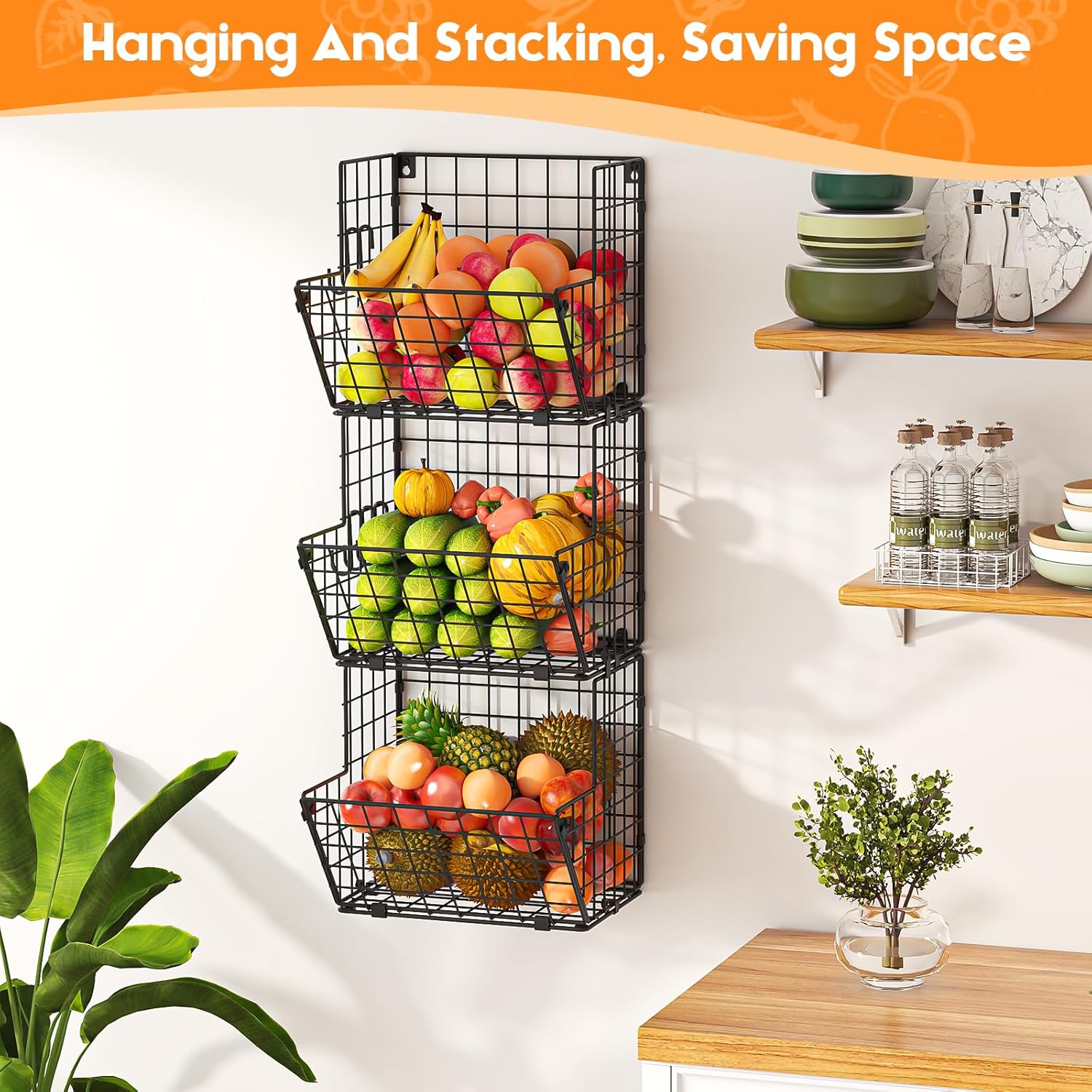 X-cosrack Metal Wire Basket Wall Mount, 3 Tier Wall Storage Basket Organizer with 5 S Hooks, Kitchen Fruits and Vegetables Produce Bin Rack Toys Organizer Bathroom Tower Hanging Basket (Black, Small)
