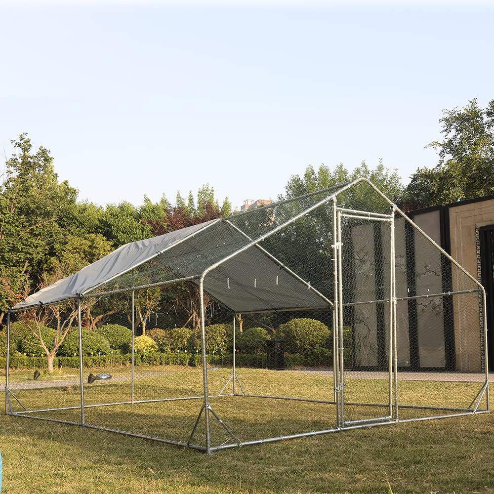 Large Metal Chicken Coop Walk-in Poultry Cage Hen Run House Rabbits Habitat Cage Spire Shaped Coop with Waterproof and Anti-Ultraviolet Cover (10' L x 13' W x 6.4' H)