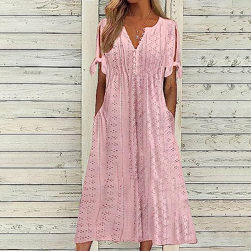 Hawaiian Maxi Dresses for Women Summer Boho Eyelet Dress Tie Short Sleeve V-neck Sundresses Button Down Loose Clothes
