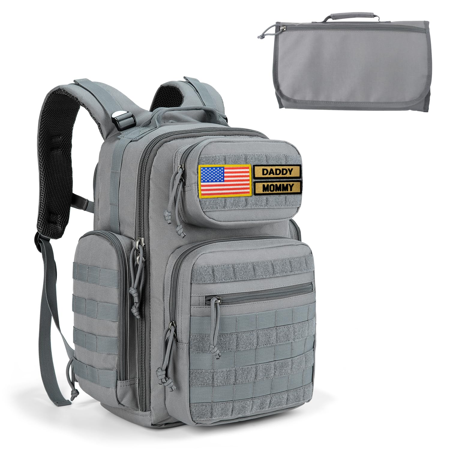 MIRACOL Military Diaper Bag with Changing Pad - Insulated Baby Backpack with Patches for Outdoor Travel Trips - Daddy Diaper Backpack Grey with Waterproof Baby Changing Station for Baby Shower Gifts