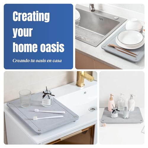 Stone Drying Mat for Kitchen Counter, Diatomaceous Dish Drying Mats Superb Absorbent with Non-Slip Stainless Steel Feet for Dishes, Bottles and more, 15.7