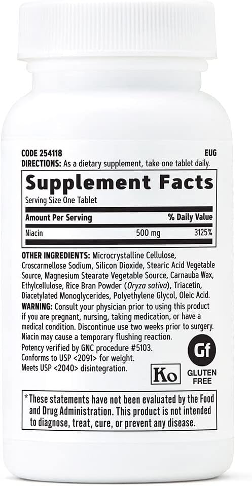GNC Niacin 500mg, 100 Tablets, Supports Blood Vessel Health