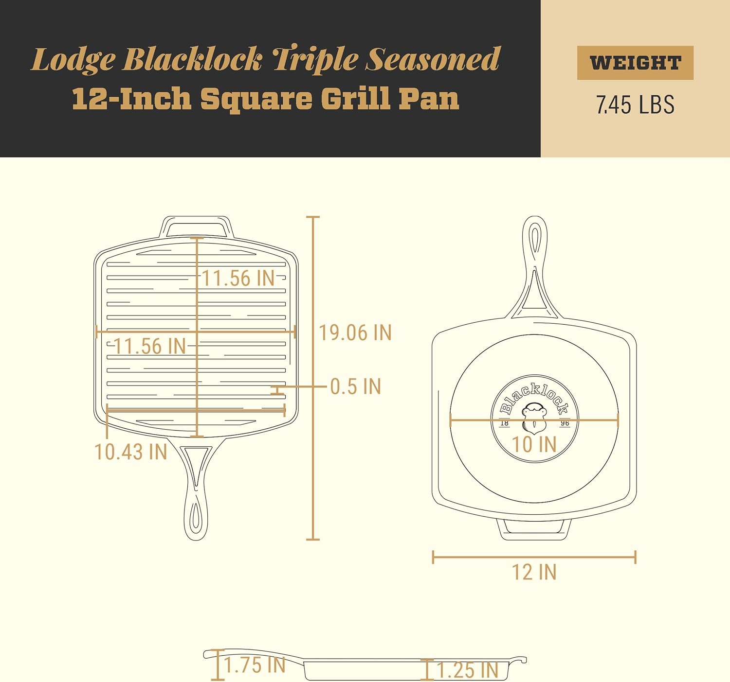 Lodge Cast Iron Blacklock Square Grill Pan - Pre-seasoned - 12 in