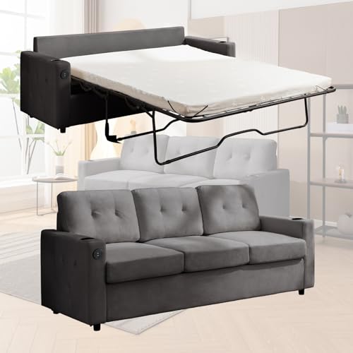 BALUS Convertible Sofa Bed with Pull Out Queen Size Bed, Premium Memory Foam Mattress, Inbuilt Cup Holder and USB Ports, Comfy Sleeper Couch for Home Office and Living Room, Dark Grey