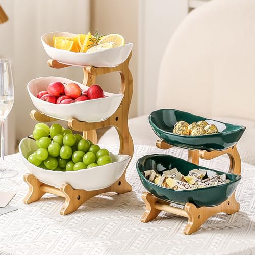 Fruit Bowl for Kitchen Counter - 3 Tier Ceramic Fruit Basket, Fruit Holder for Kitchen Countertop, Decorative Tiered Fruit Stand Organizer (White)