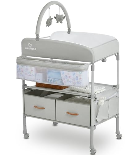 Portable Baby Changing Table with 2 Storage Baskets, BabyBond Foldable Changing Table Dresser Waterproof Diaper Changing Table Height Adjustable Changing Station for Infant and Newborn(Grey)