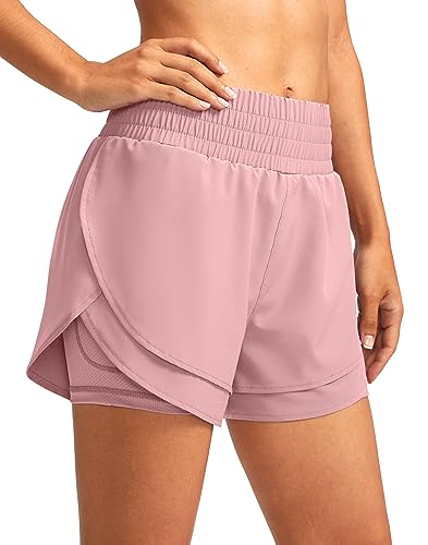 Soothfeel Women's 2 in 1 Running Shorts High Waisted Athletic Shorts Exercise Gym Workout Shorts for Women with Pockets