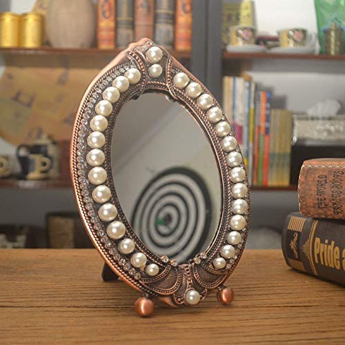 European-style Single-sided Mirror Red Copper Dressing Mirror Western Mirror Pearl Makeup Mirror Oval Mirror Table Mirror Lace Mirror