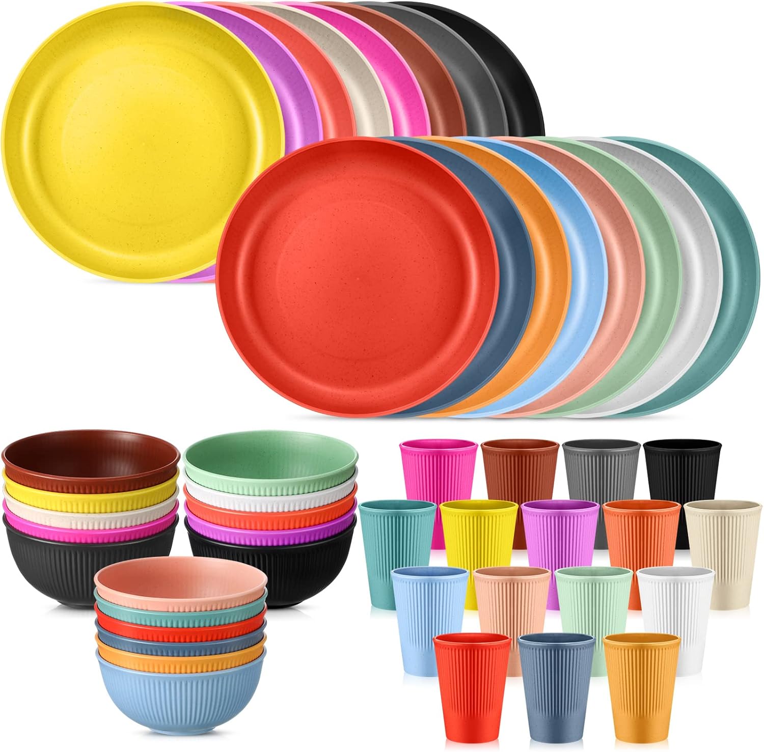 Gejoy 48 Pack Wheat Straw Dinnerware Sets Dishwasher Microwave Safe Dishes Set for 16 Unbreakable Lightweight Plastic Cup Plates and Bowls Sets Reusable Tableware Set for Kids Camping Party Kitchen RV