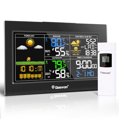 Geevon Weather Station Wireless Indoor Outdoor Thermometer, Color Large Display Weather Thermometer with Alert, Comfort Level, Barometric Pressure, Alarm Clock, Easy to Set and Tabletop Stand