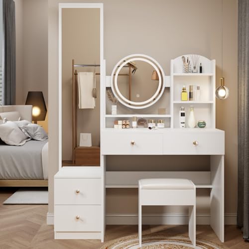 Betoko Makeup Vanity Desk with Full Length Mirror and Lights, Modern Dressing Table Set with Upholstered Stool Corner Dresser Desk with Storage Drawers and Shelves for Women for Bedroom(Black)