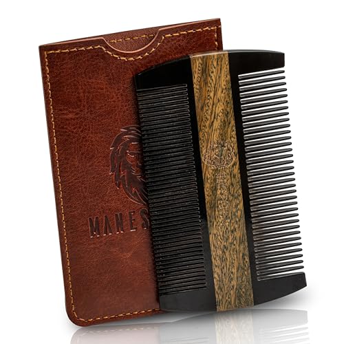 Premium Natural Ox horn and Sandalwood Dual-Action Beard Comb with Black Protective Case – the Perfect Beard & Mustache Grooming Companion & Gift for Men – by Man & Mane