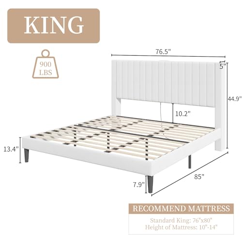 King Size Bed Frame Velvet Upholstered Tufted Headboard with Charging Station, Wooden Slats Support, Mattress Foundation, Box Spring Optional, White