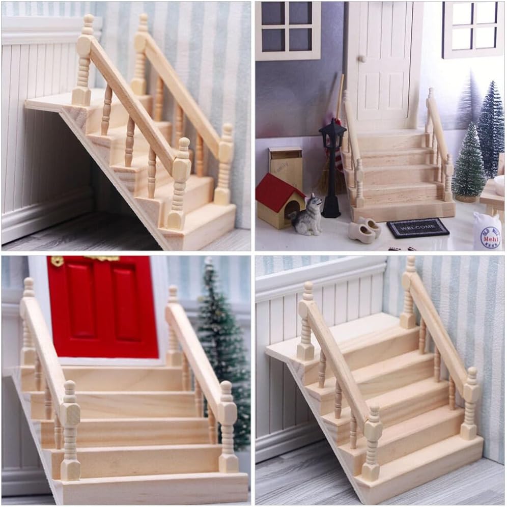 OSALADI Miniatures Miniature Stairs Wood Stair 1:12 Wooden Stringer Steps Model DIY Staircase Accessories Decor for Furniture Micro Landscape Doll Accessories