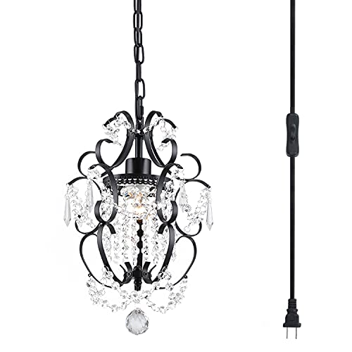 Plug in Chandelier Hanging Lignt Fixture with 14.3 FT Cord and ON/Off Switch,Mini Black Chandelier Iron Ceiling Light Fixture for Bedroom,Living Room,Dining Room
