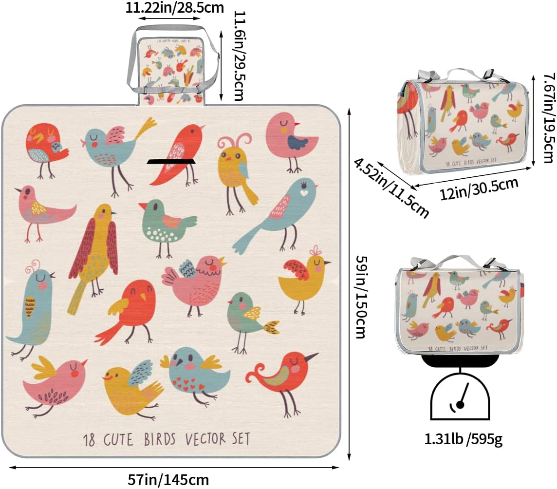Picnic Blankets 57”x 59”, Colorful Bird Prints Waterproof Sandproof Picnic Mat Lightweight Foldable Beach Blanket for Camping Park Grass Beach Outdoor Blanket