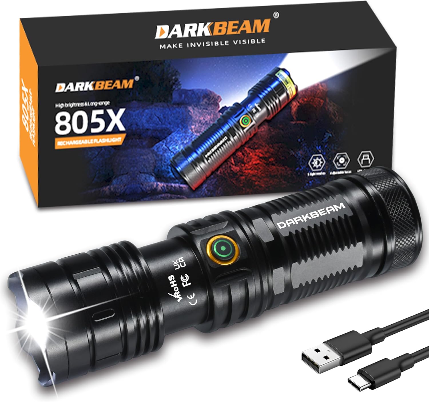 DARKBEAM LED Flashlight High Lumens 950000LM Super Bright, USB-C Rechargeable Powerful Emergency Tactical Flashlights, 5-Mode Focusable Flash Light, Water Resistant, Long Life - Camping, Maintenance