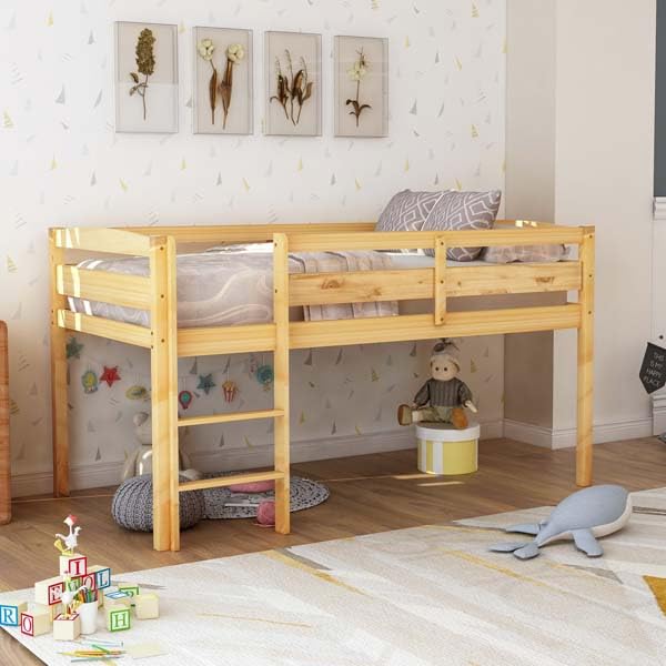 Twin Size Plywood Low Loft Beds Frame with Ladder, Vintage Loft Beds with Fence/Strong Wooden Slat Support Stabilize and Under Bed Storage Space for Bedroom Apartment Boys Girls Adult (White)