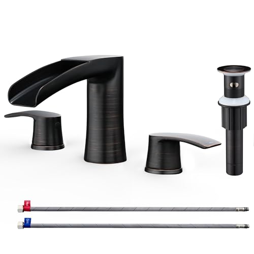 Brushed Nickel Waterfall Bathroom Faucets - 2 Handles Bathroom Sink Faucet for 3 Holes Sink, Brushed Nickel Widespread Bathroom Faucet with Pop Up Sink Drain Stopper