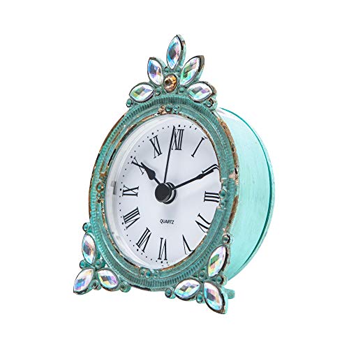 NIKKY HOME Pewter Pretty Small and Cute Vintage Table Clock with Quartz Analog Crystal Rhinestone 3 Inch for Living Room Bathroom Decoration, White Enamel