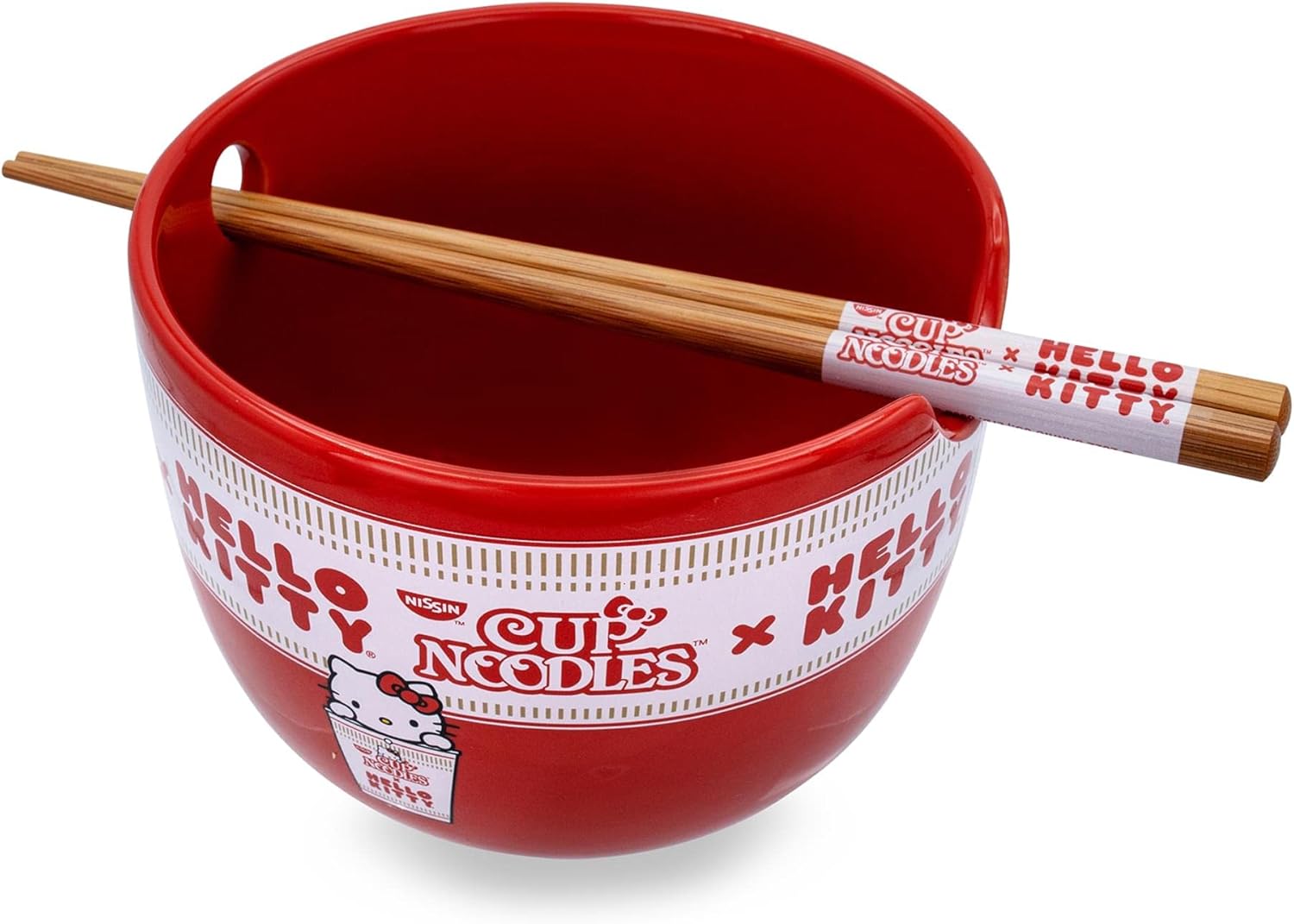 Silver Buffalo Sanrio Hello Kitty x Nissin Cup Noodles Red Ceramic Dinnerware Set | Includes Ramen Noodle Bowl and Wooden Chopsticks