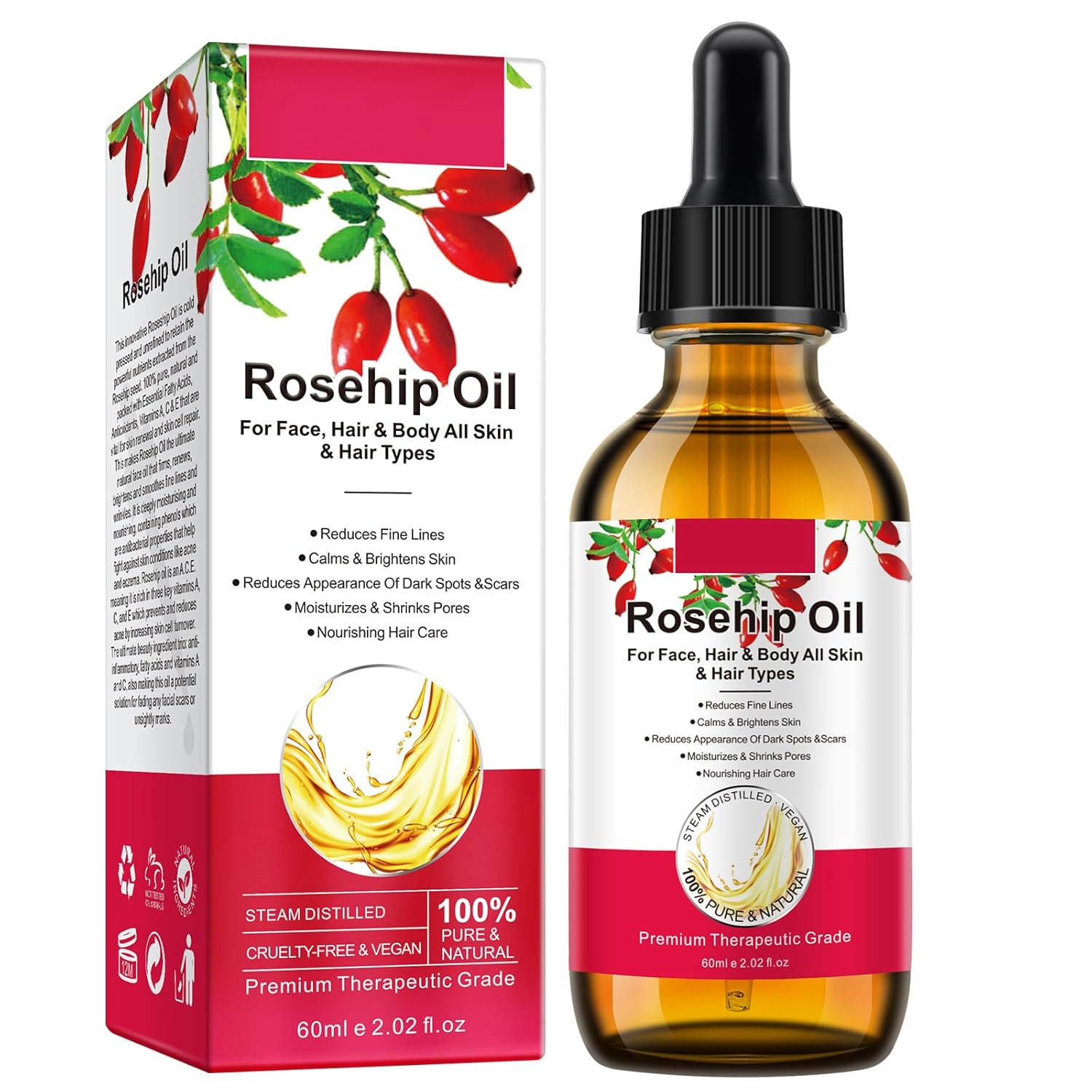 60ML Rosehip Oil for Face, Organic Rosehip Seed Oil for Skin, Facial Rosehip Essential Oil, Rose hip Seed Oil for Face Cold Pressed Unrefined For Face, Hair, Nail, Scar, All Skin & Hair Types