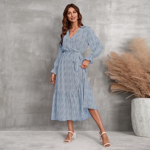 IDOPIP Women Floral Ruffle Midi Dress Elegant Boho V Neck Elastic Cuff Sleeve Casual Dress Summer Spring Wedding Party Outfit